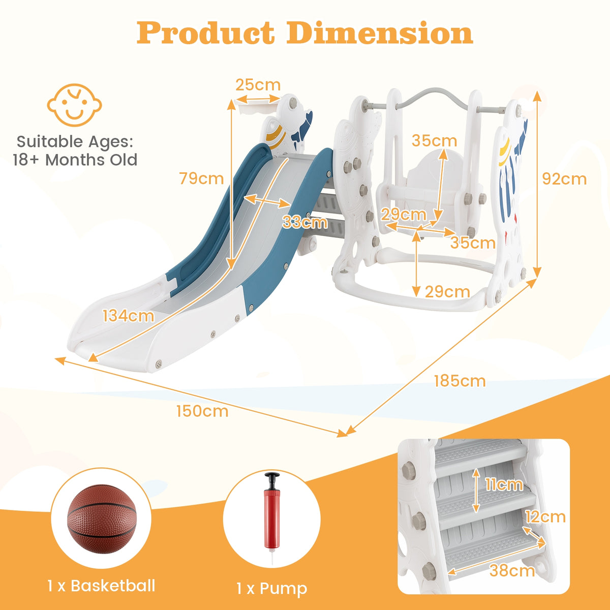 Product dimension diagram for the blue and white kids slide and swing set, showing measurements and included accessories
