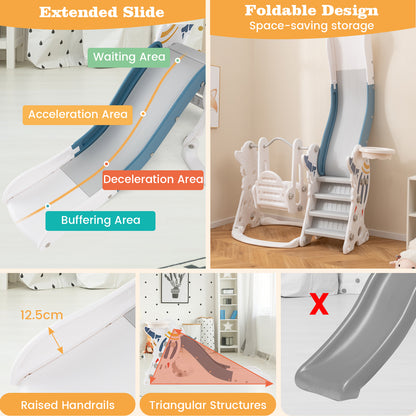 Close up of the extended slide and foldable design of the blue and white kids slide and swing set