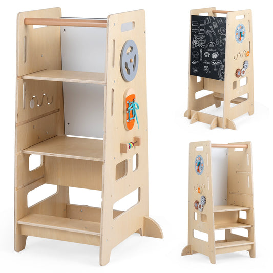 Toddler Standing Tower with Adjustable Height and Blackboard shown from three different angles