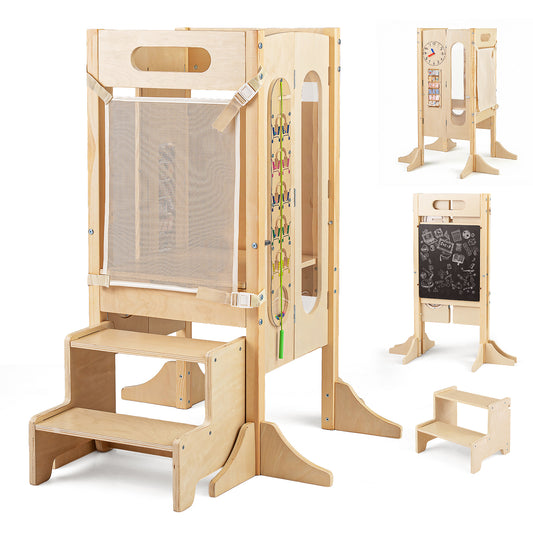 Toddler Step Stool with a foldable standing tower and a separate two-step stool