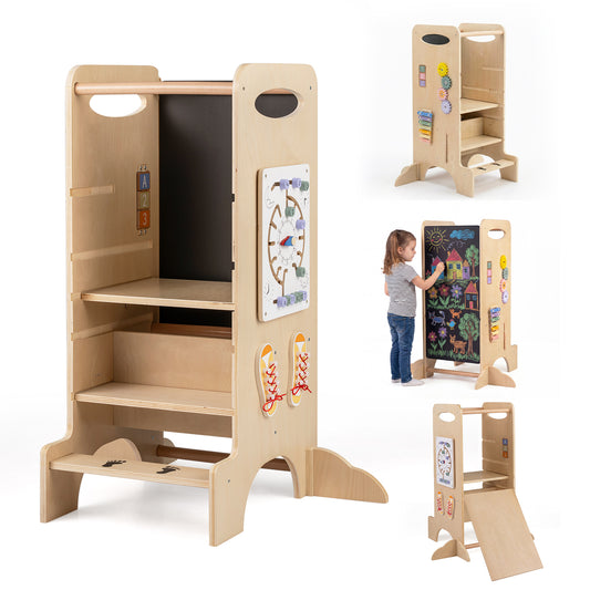Toddler Step Stool Wooden Kids Standing Tower with safety rails, showing the front with chalkboard and activity panels