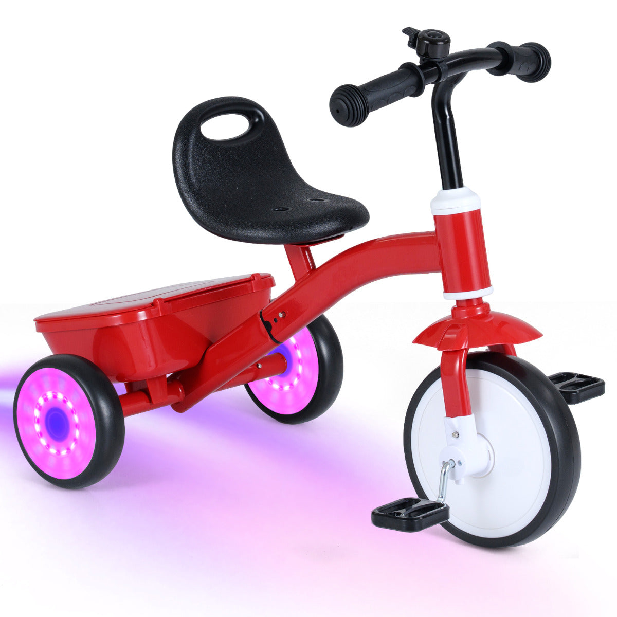Toddler Tricycle Bike with glowing rear wheels and a black seat on a plain white background