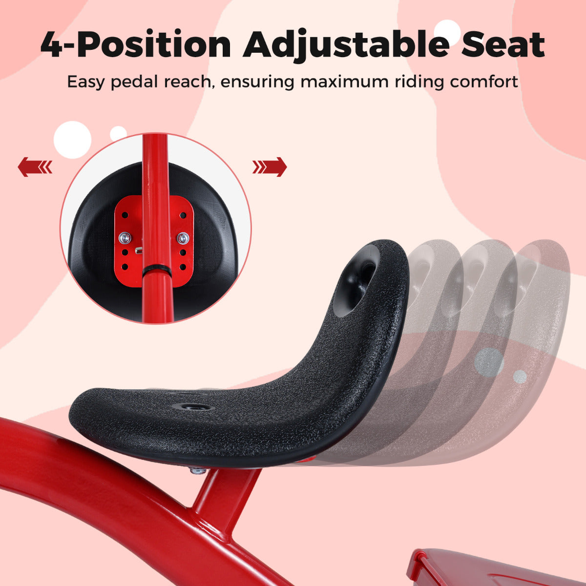 The ride on toy seat shown with a close-up of the adjustment mechanism and motion arrows