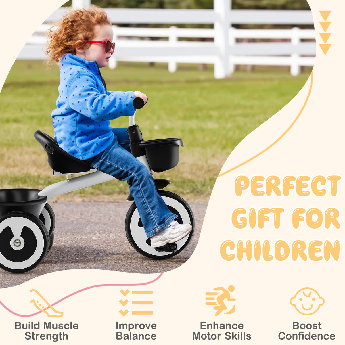 A young boy rides the white kids trike, with text highlighting benefits for children