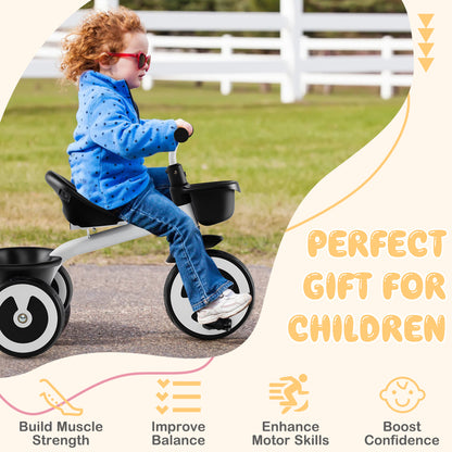 A young boy rides the white kids trike, with text highlighting benefits for children