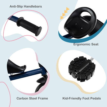 Close up details of the navy push and pedal ride on toy including handlebars, seat and pedals