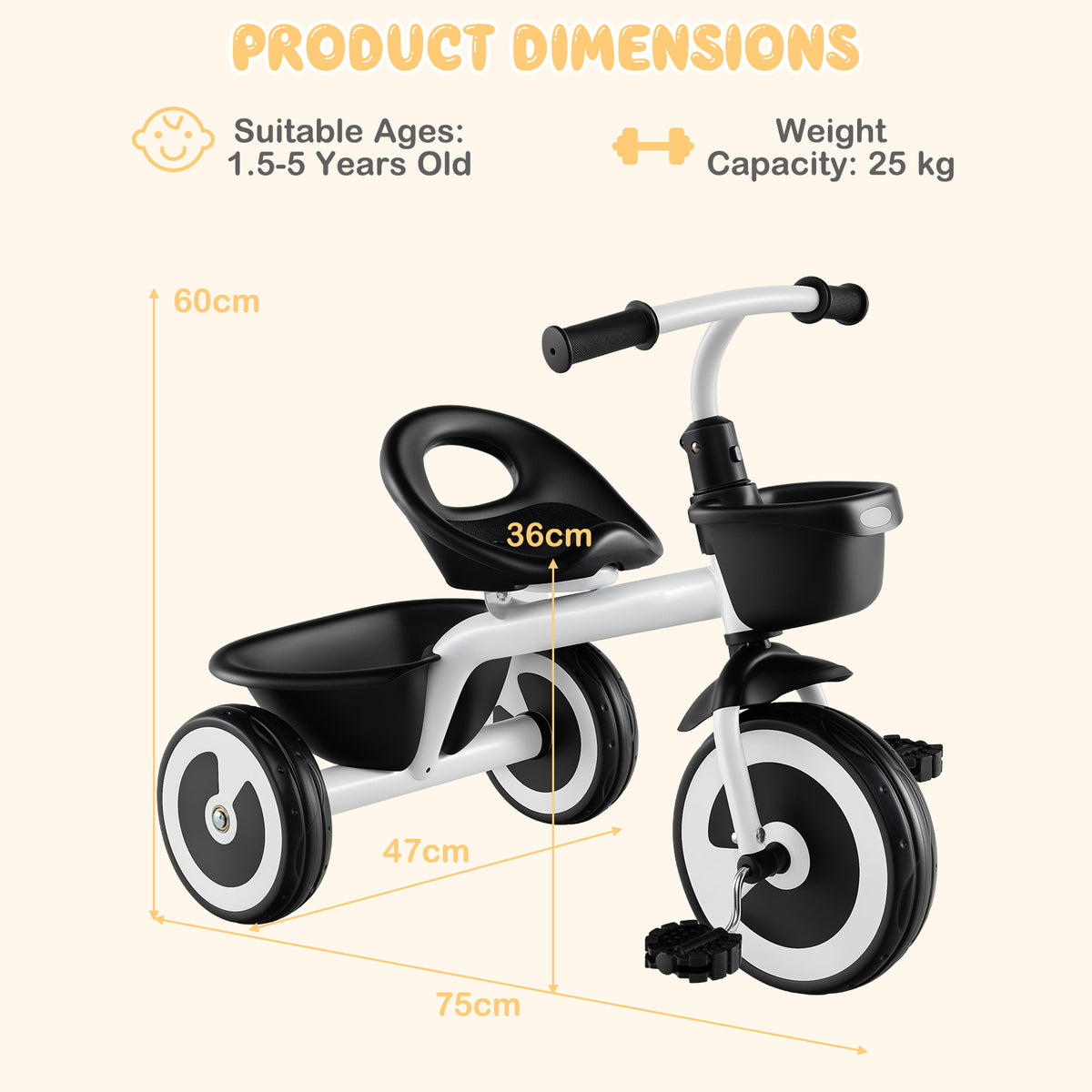 Diagram showing the dimensions of the white toddler tricycle, suitable for ages 1.5 to 5 years