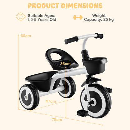 Diagram showing the dimensions of the white toddler tricycle, suitable for ages 1.5 to 5 years