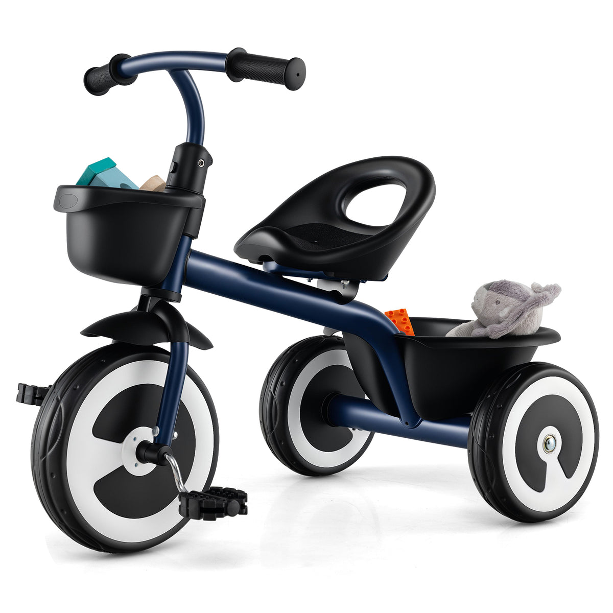 Toddler Tricycle Kids Trike in navy with front basket and rear storage bin