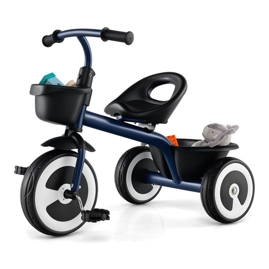 Toddler Tricycle Kids Trike in navy with front basket and rear storage bin