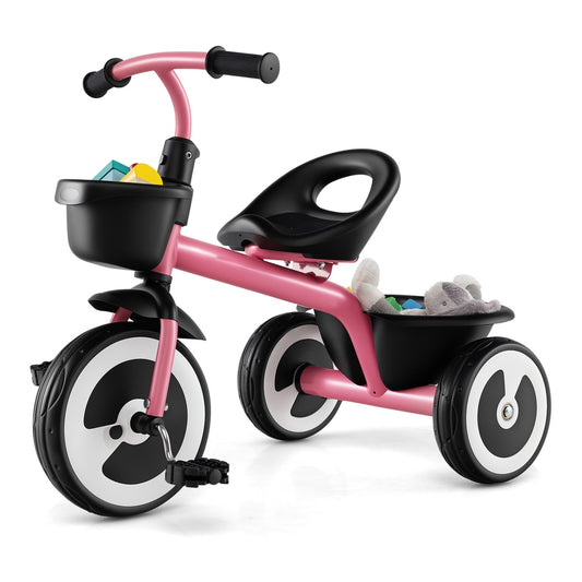 Toddler Tricycle Kids Trike in pink with black handlebars, seat, and storage baskets