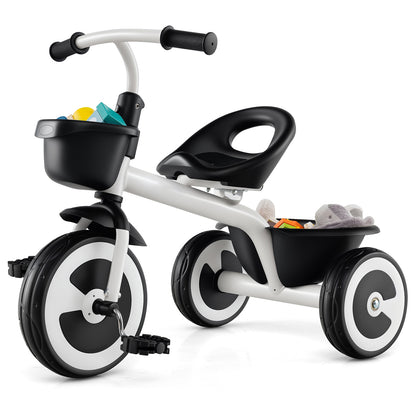Toddler Tricycle Kids Trike with adjustable seat and storage baskets in white