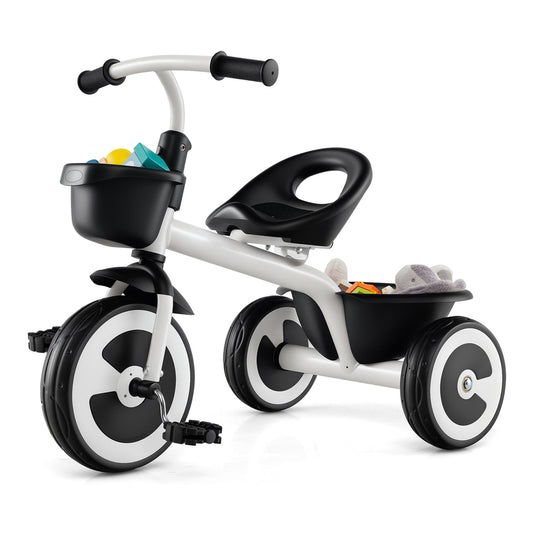 Toddler Tricycle Kids Trike with adjustable seat and storage baskets in white