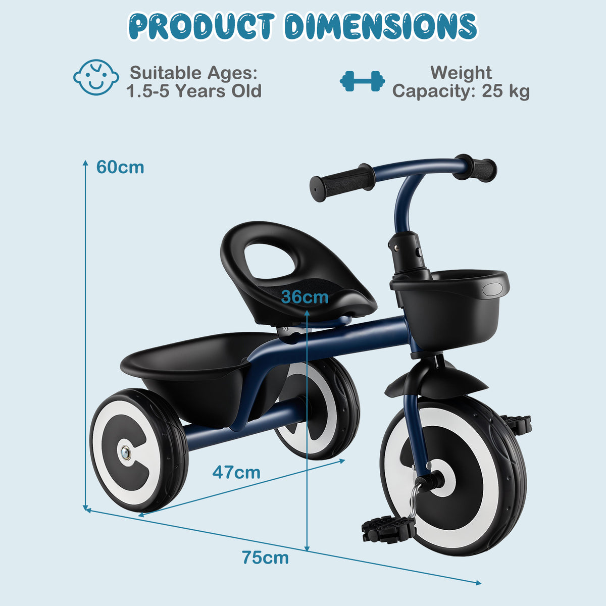Product dimensions diagram for the navy push and pedal ride on toy showing height and length