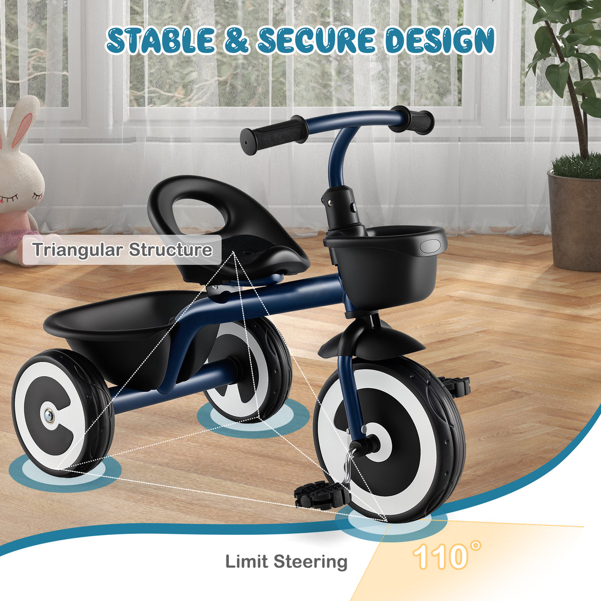 The navy push and pedal ride on toy shown with a diagram highlighting its stable triangular structure