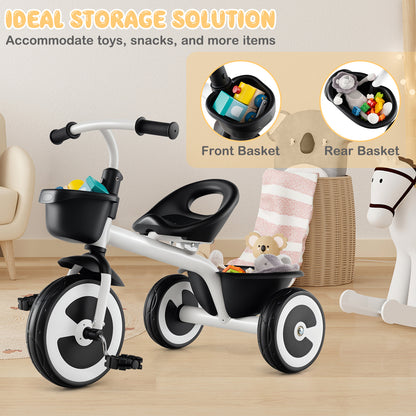 The white kids trike with storage baskets filled with toys and blankets