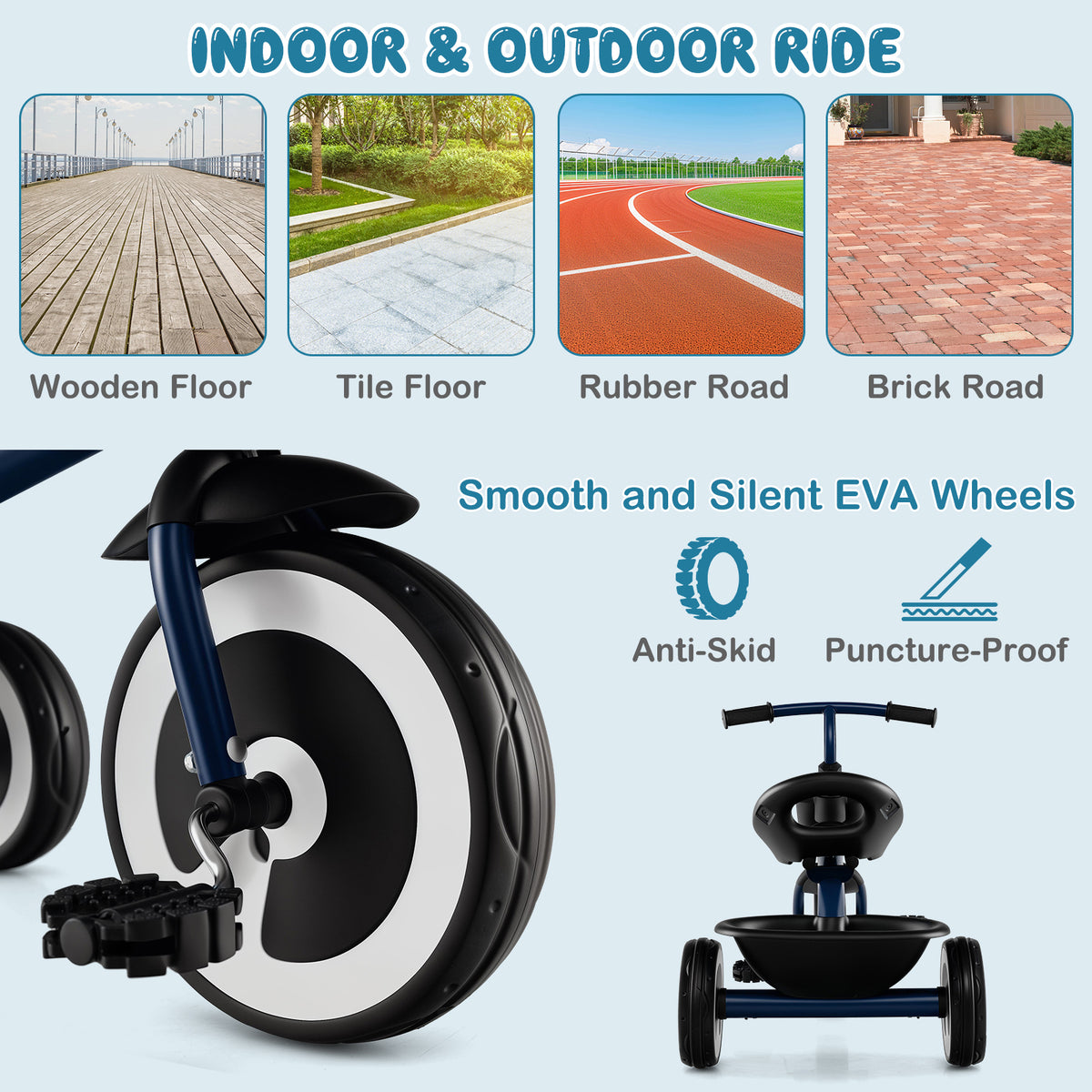 Close up of the navy push and pedal ride on toy wheels and pedals with text about smooth EVA wheels