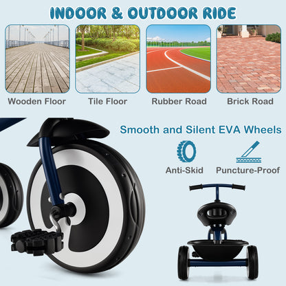Close up of the navy push and pedal ride on toy wheels and pedals with text about smooth EVA wheels