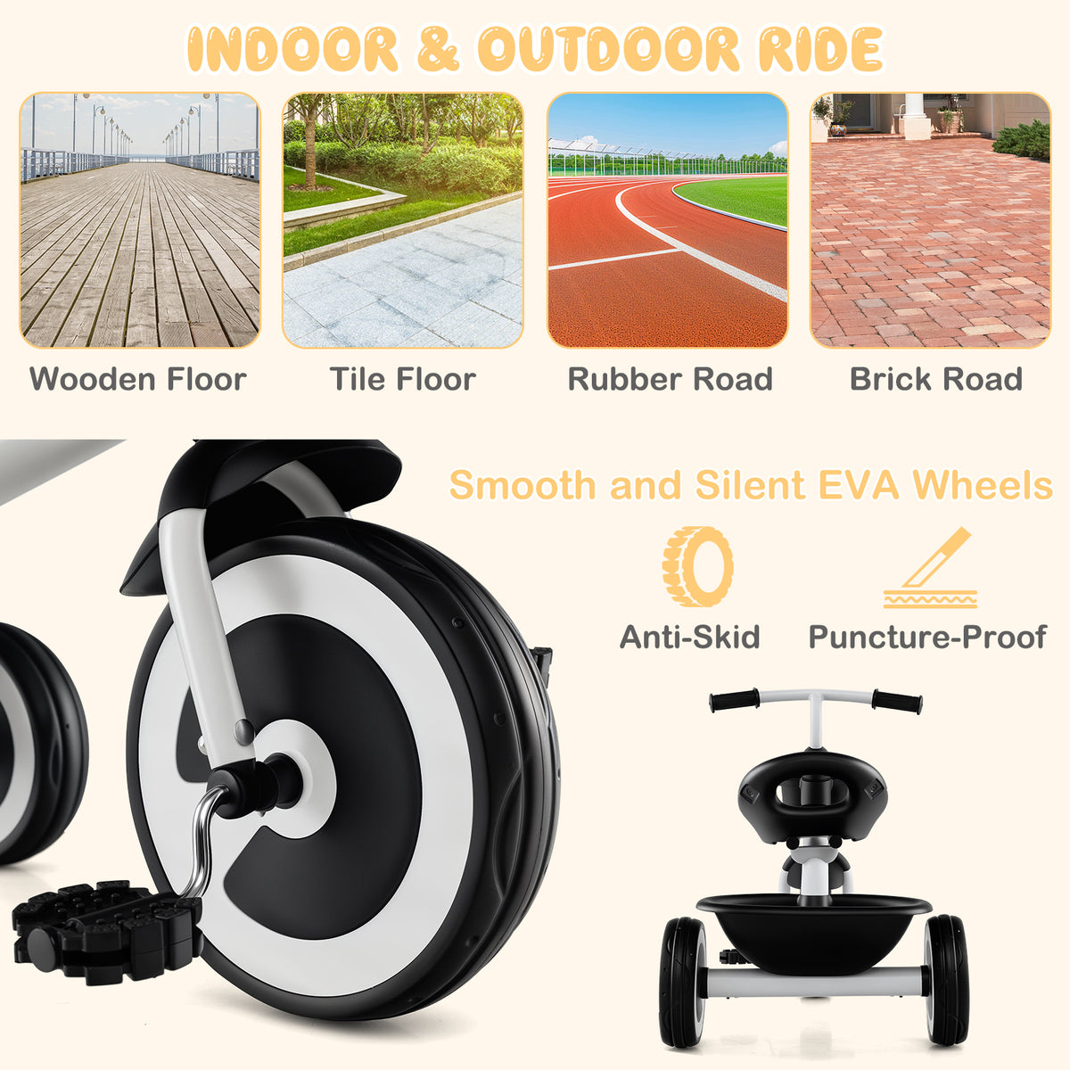 Close up of the EVA wheels on the kids trike, showing smooth and silent features