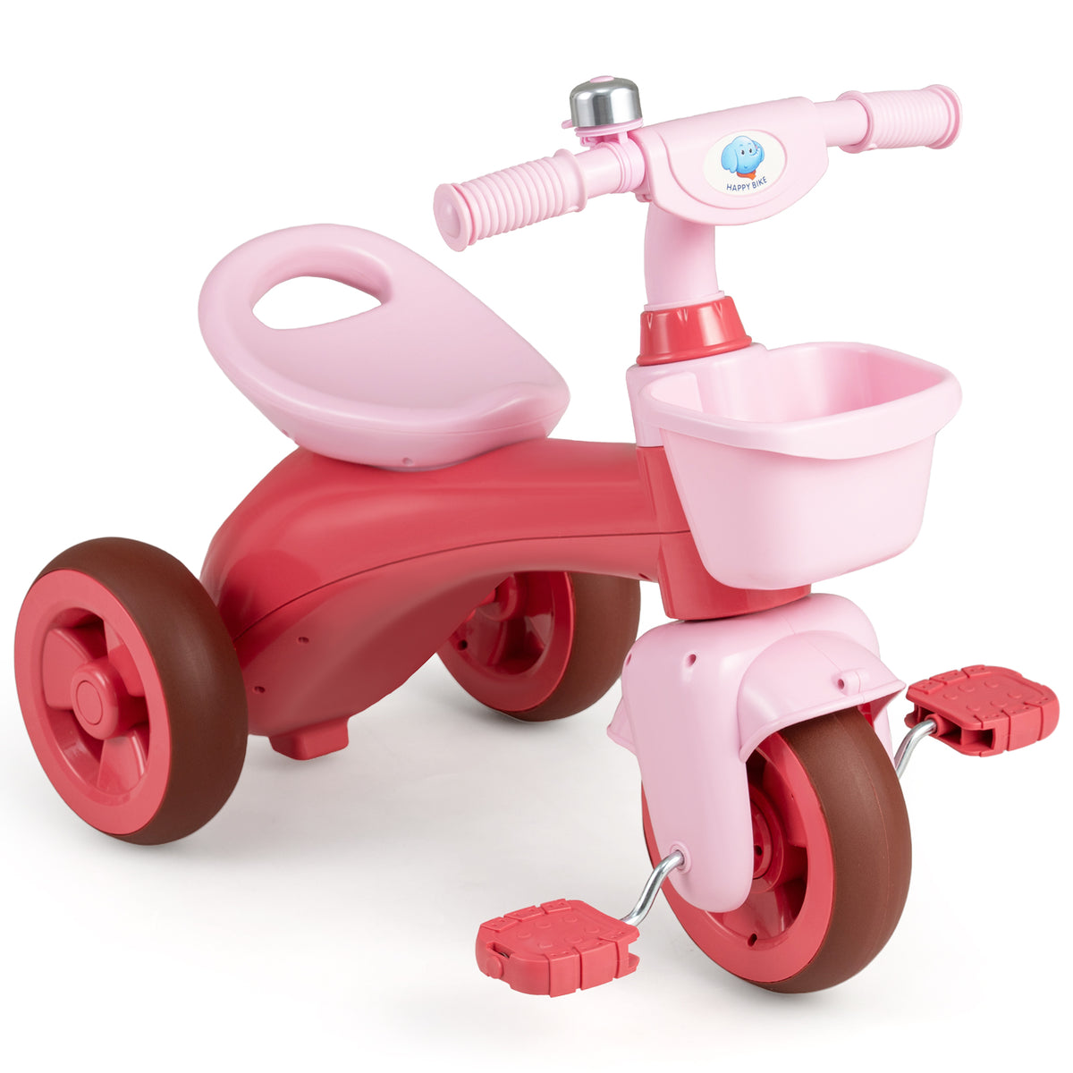 Toddler Tricycle in pink with a front storage basket, bell and pedals on a white background
