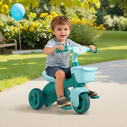 The green ride on toy with a front basket and bell being used on a paved garden path