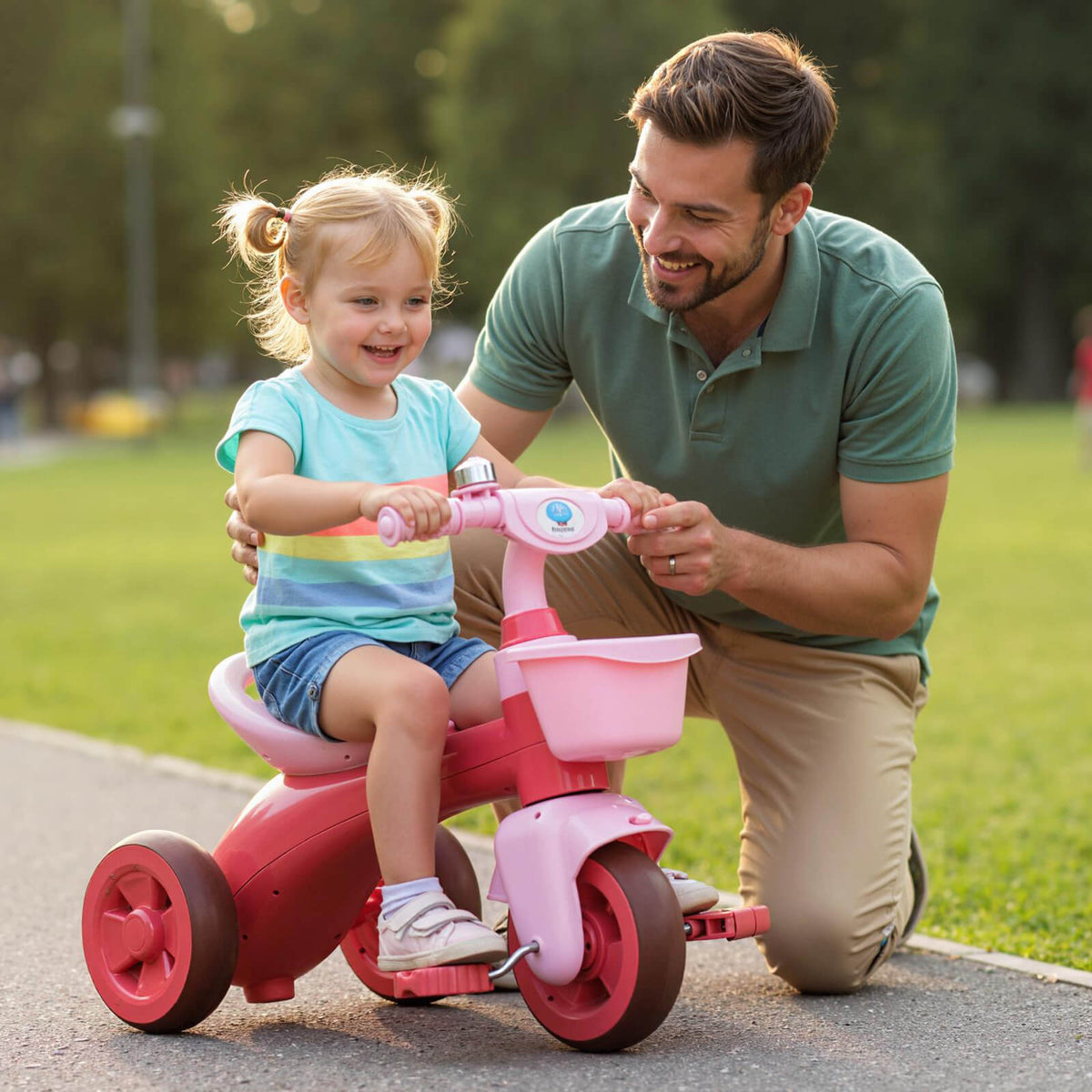 The pink ride on toy with a bell and basket being held by an adult outdoors
