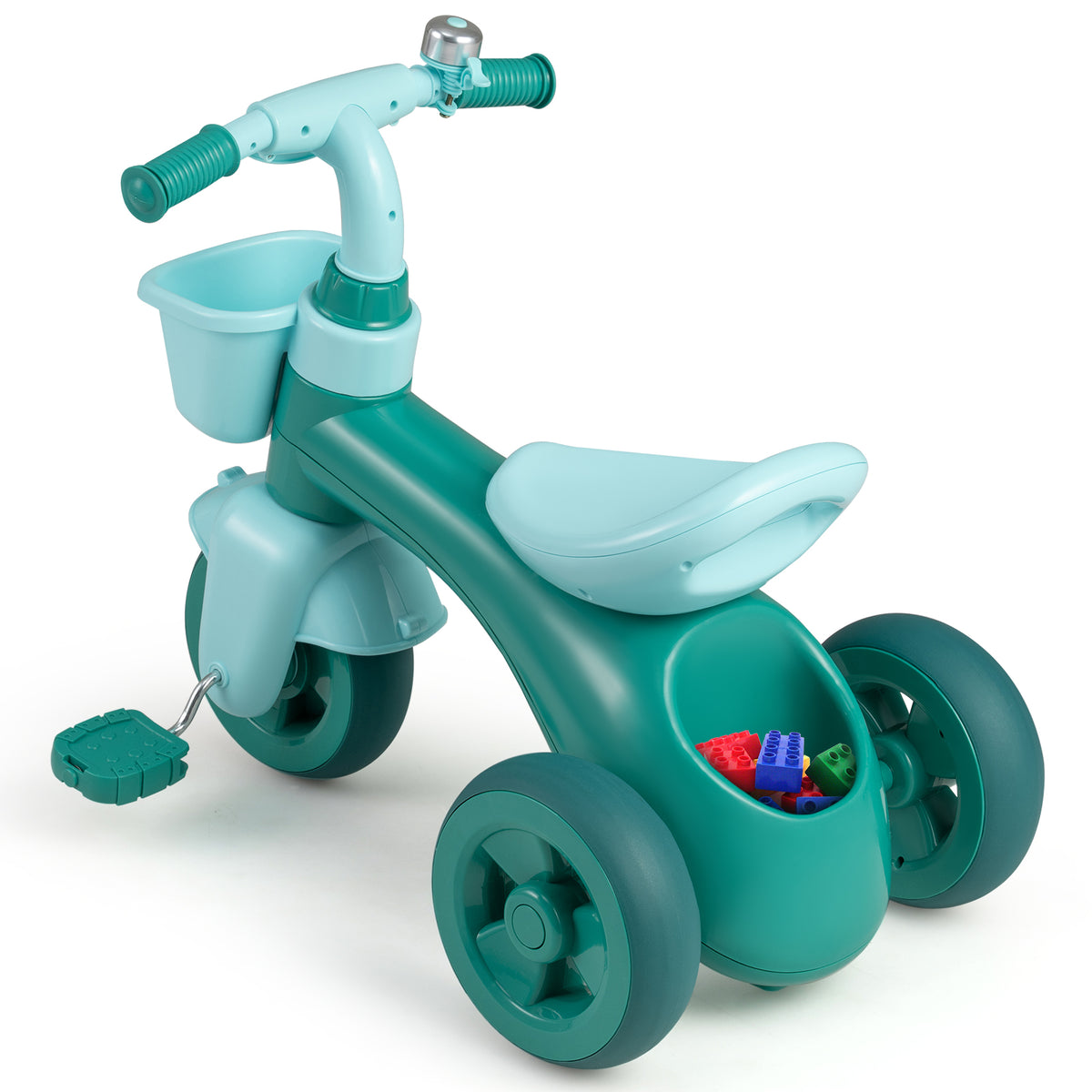 The ride on toy viewed from the rear showing the storage compartment filled with colourful blocks
