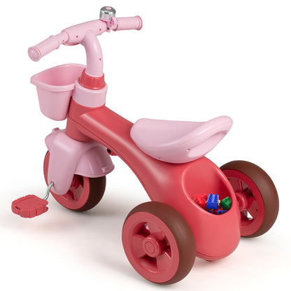 The ride on toy showing the rear storage compartment filled with colourful building blocks