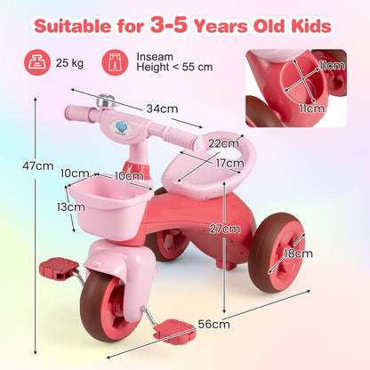 Toddler Tricycle, the ride on toy with various dimensions and age suitability information overlaid