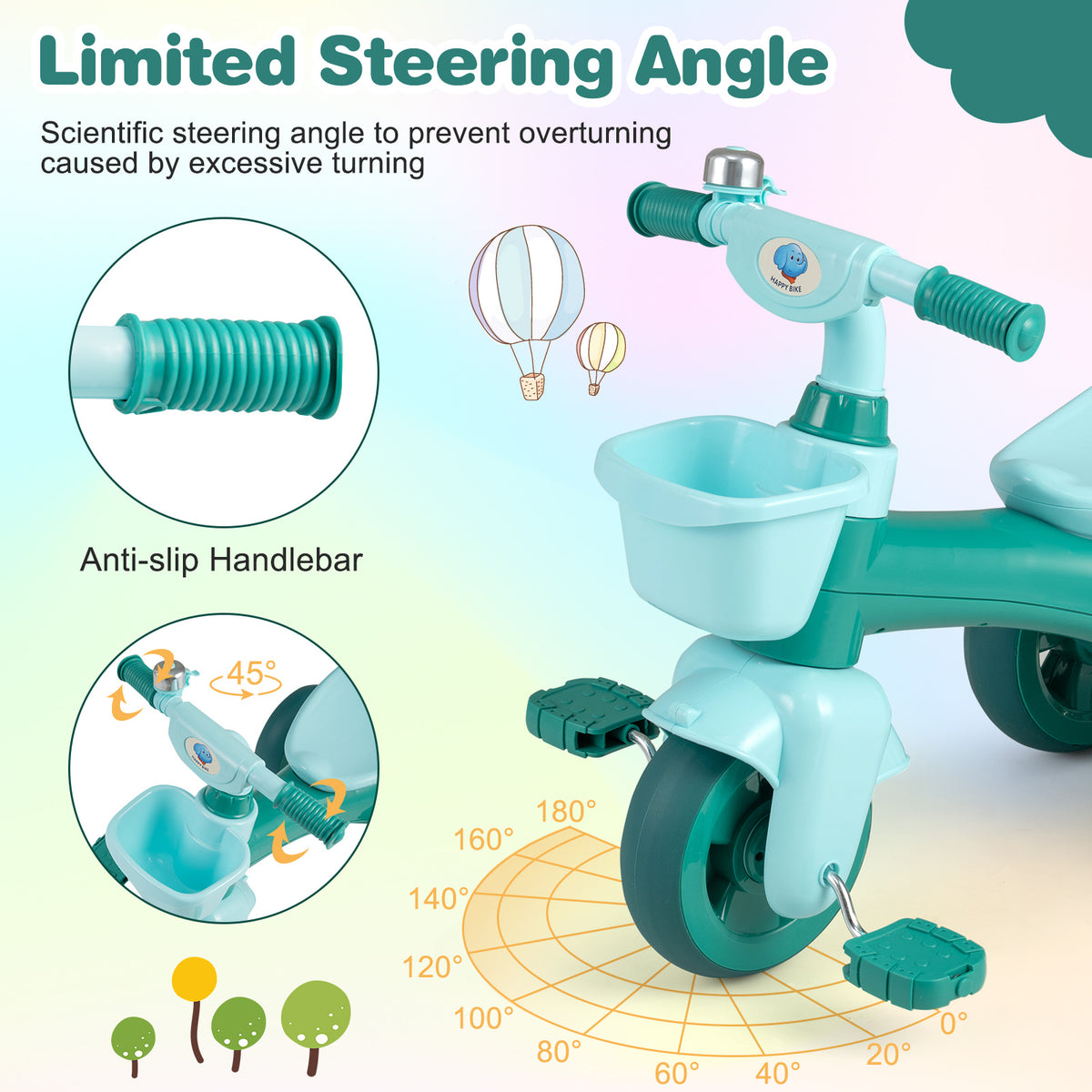 The ride on toy with diagrams showing the limited steering angle and the anti-slip handlebar