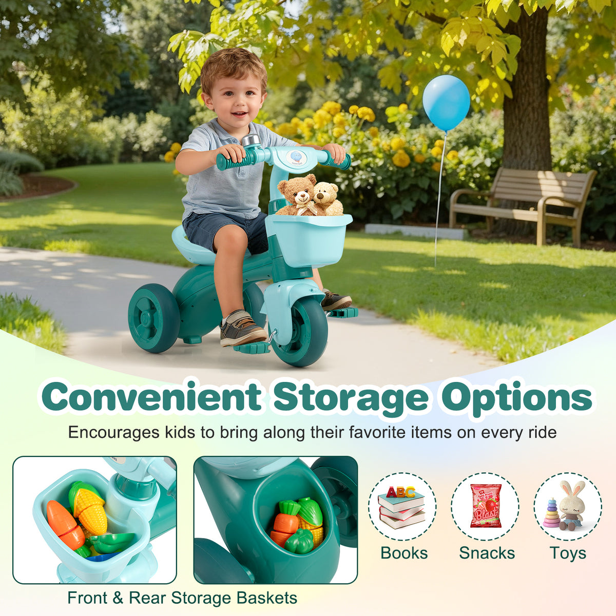 The green ride on toy with inset boxes showing the front and rear storage baskets filled