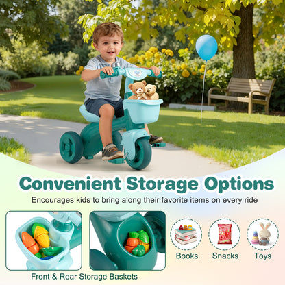 The green ride on toy with inset boxes showing the front and rear storage baskets filled