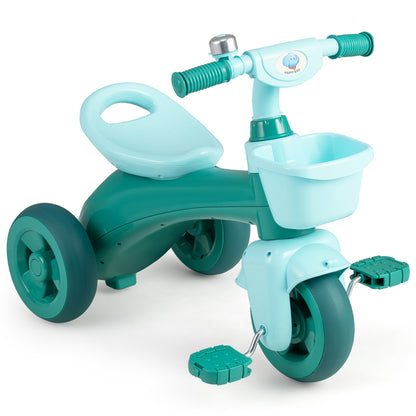 Toddler Tricycle in green with a front storage basket, bell and pedals on a plain white background