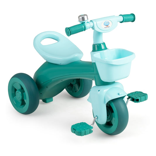 Toddler Tricycle in green with a front storage basket, bell and pedals on a plain white background