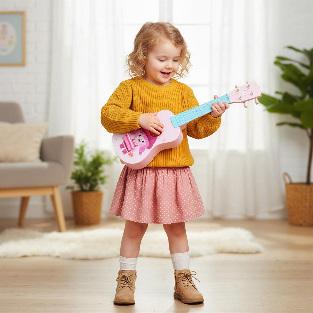 A young girl in a yellow jumper and pink skirt plays the toddler ukulele in a bright room