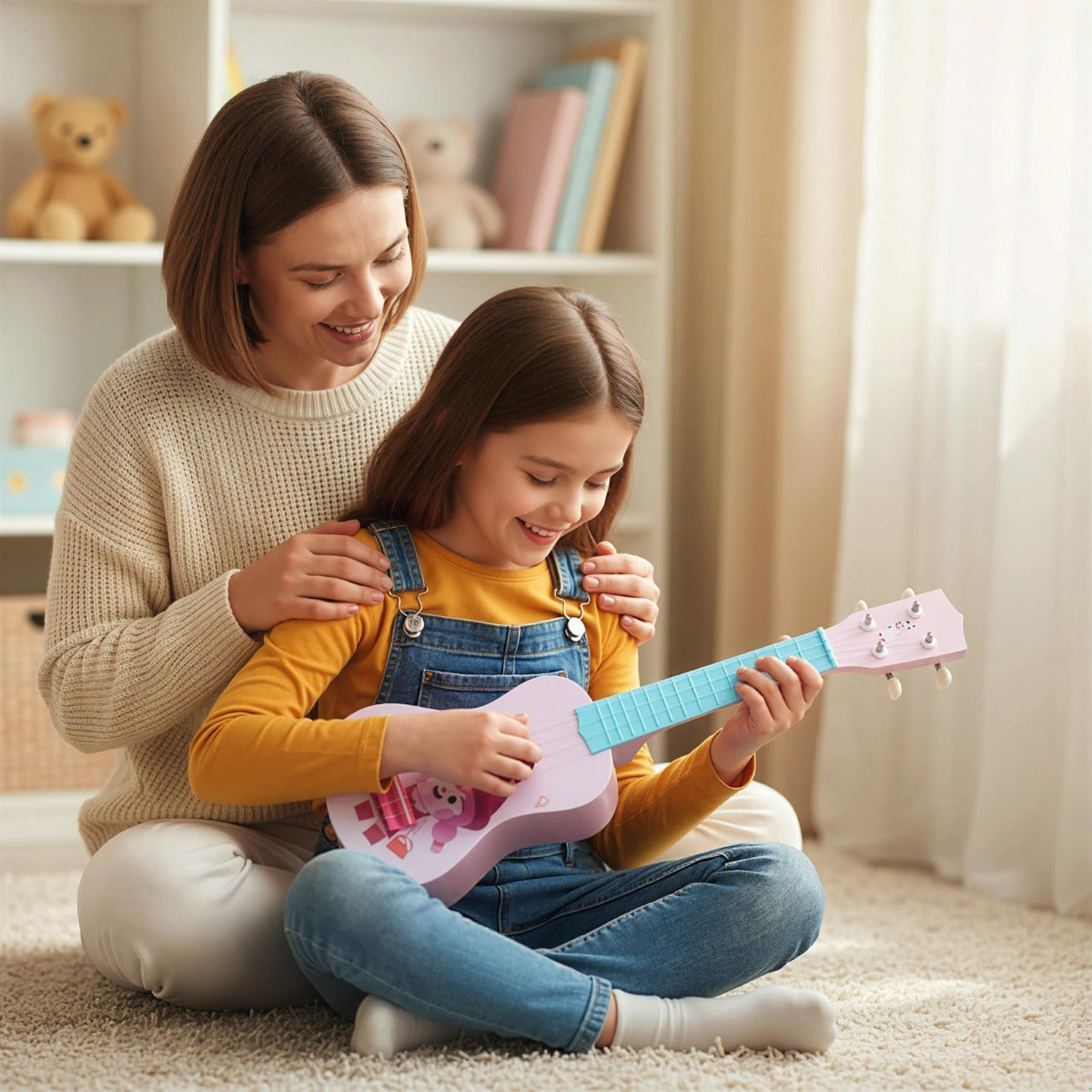 A woman and a child sit on the floor playing the toddler ukulele together in a cosy room