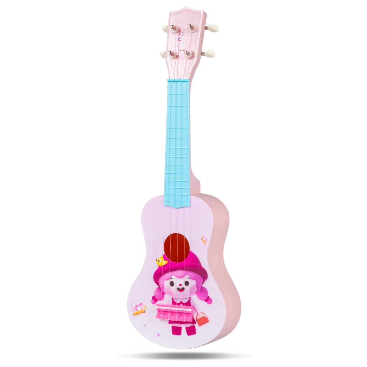 Toddler Ukulele with 4 Nylon Strings and 12 Frets, a pink instrument with a cartoon character on the body and a blue neck