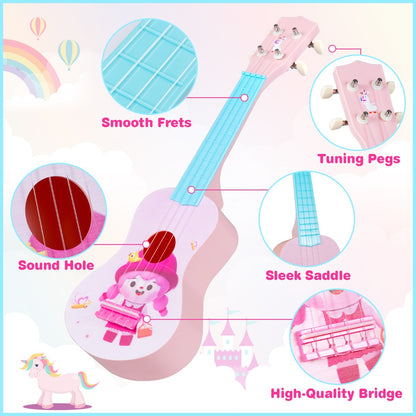 Close-ups of the toddler ukulele showing smooth frets, tuning pegs, sound hole, sleek saddle and high-quality bridge