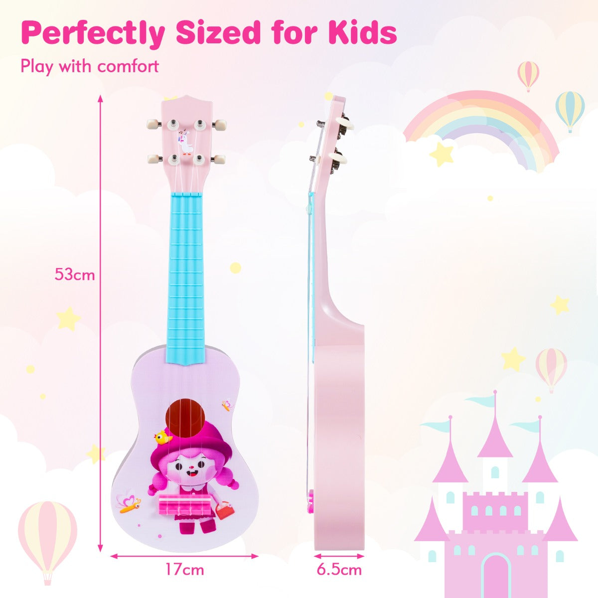 Diagram showing the dimensions of the toddler ukulele, with measurements for height, width and depth
