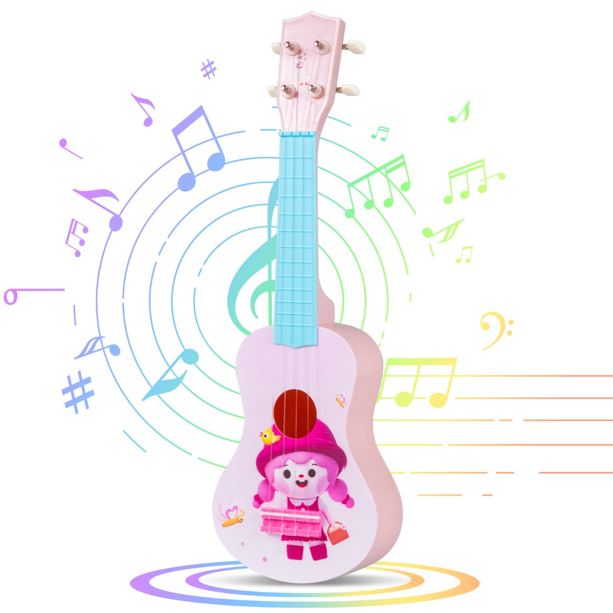 The pink toddler ukulele with a blue neck, surrounded by colourful musical notes