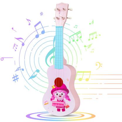 The pink toddler ukulele with a blue neck, surrounded by colourful musical notes