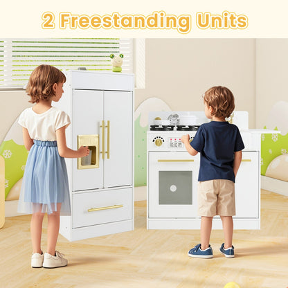 Two children playing with the toy kitchen playset, one at the refrigerator and one at the stove