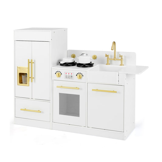 Toddler Wooden Pretend Toy Kitchen Playset with refrigerator, stove and sink in white