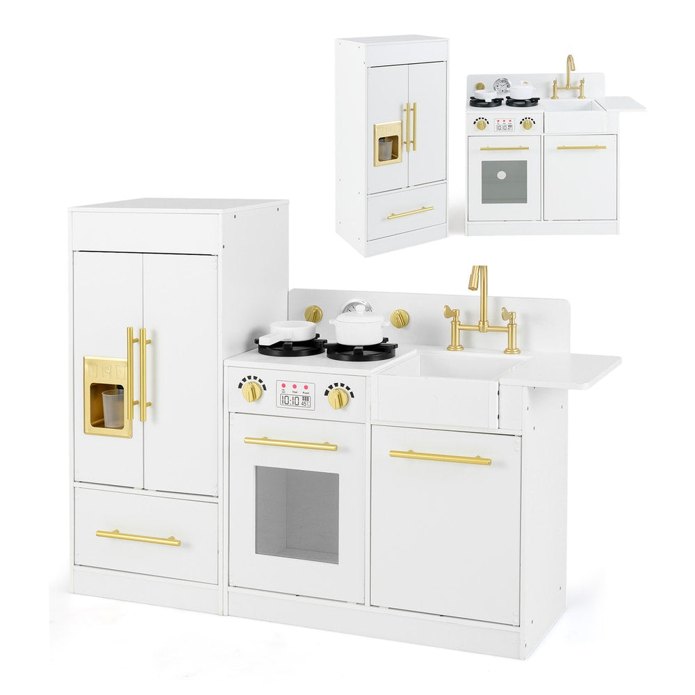 White toy kitchen playset with gold accents, showing the refrigerator, stove, and sink