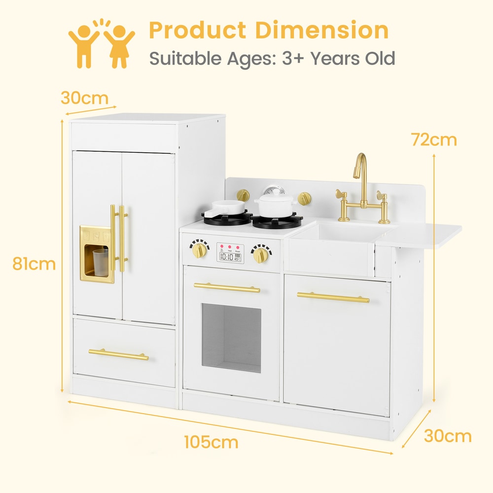 Toy kitchen playset with dimensions labelled, showing height, width and depth