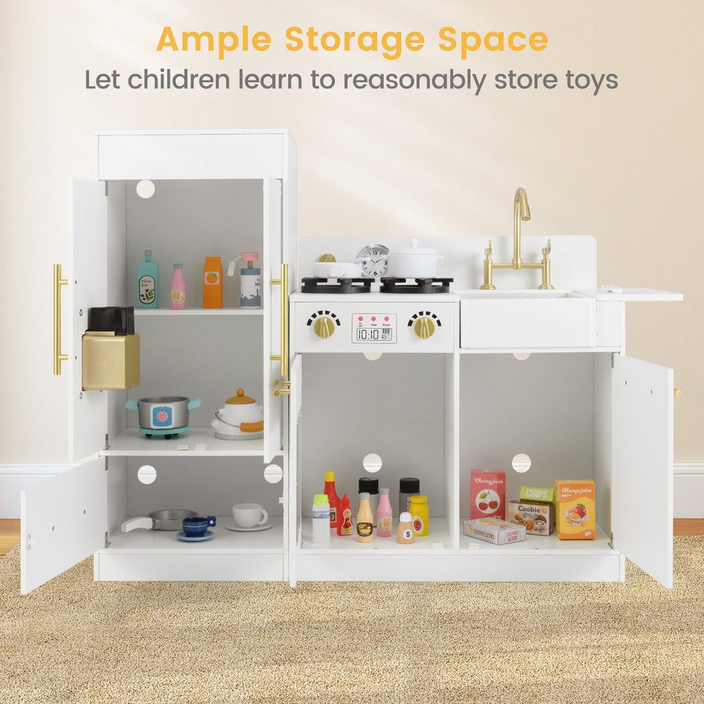 Open doors of the toy kitchen playset revealing storage space filled with pretend food and dishes