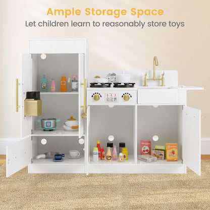 Open doors of the toy kitchen playset revealing storage space filled with pretend food and dishes