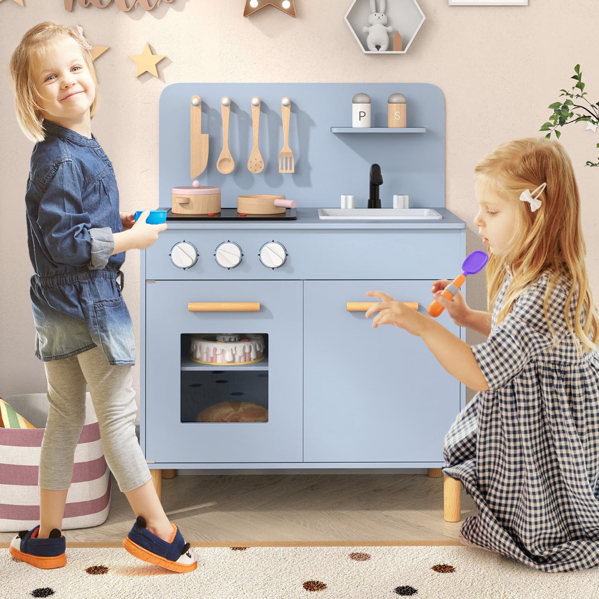 Toddler Pretend Play Kitchen with Light up Stove and Cooking Sounds-Blue