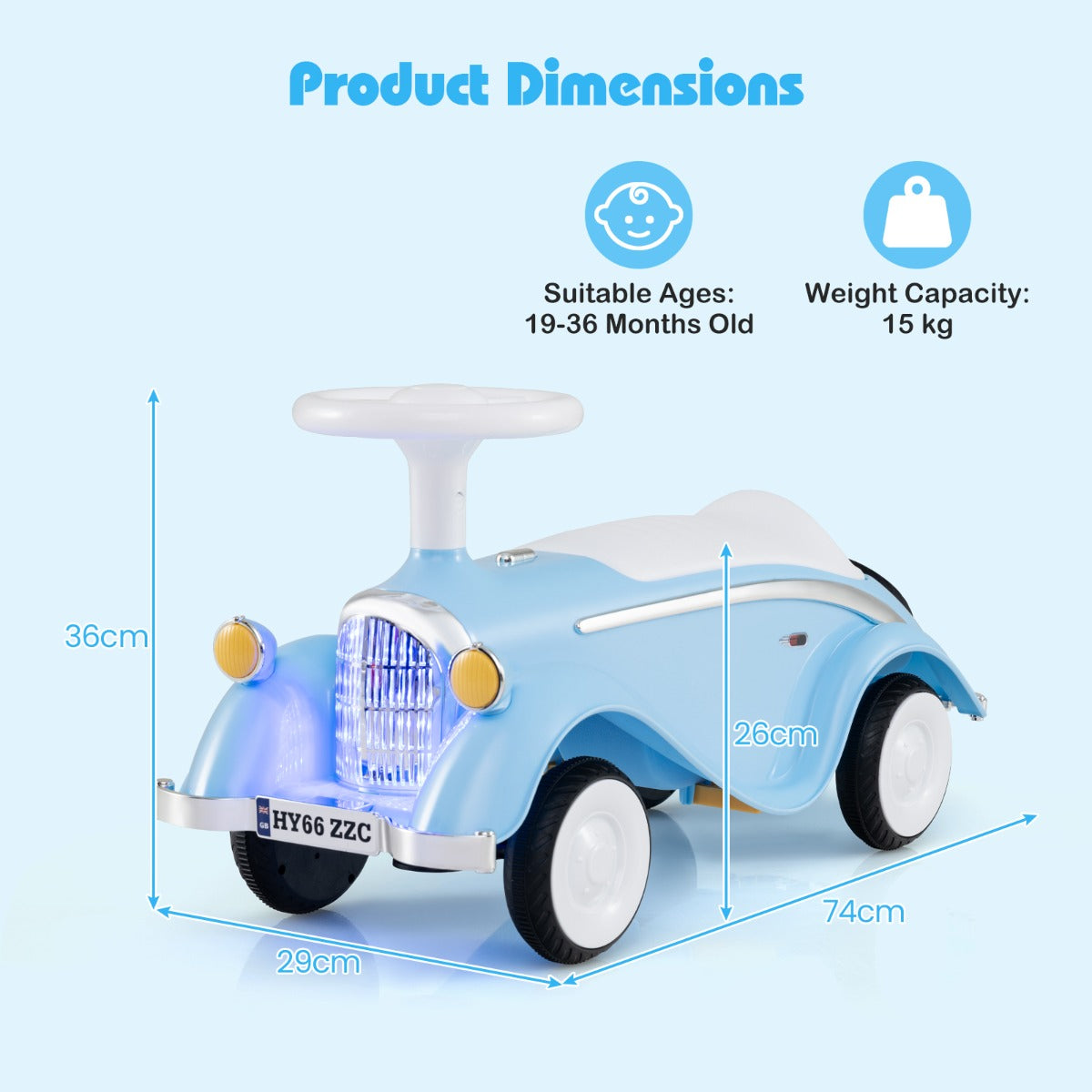 The ride on toy with blue lines showing the height and length measurements