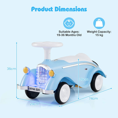 The ride on toy with blue lines showing the height and length measurements